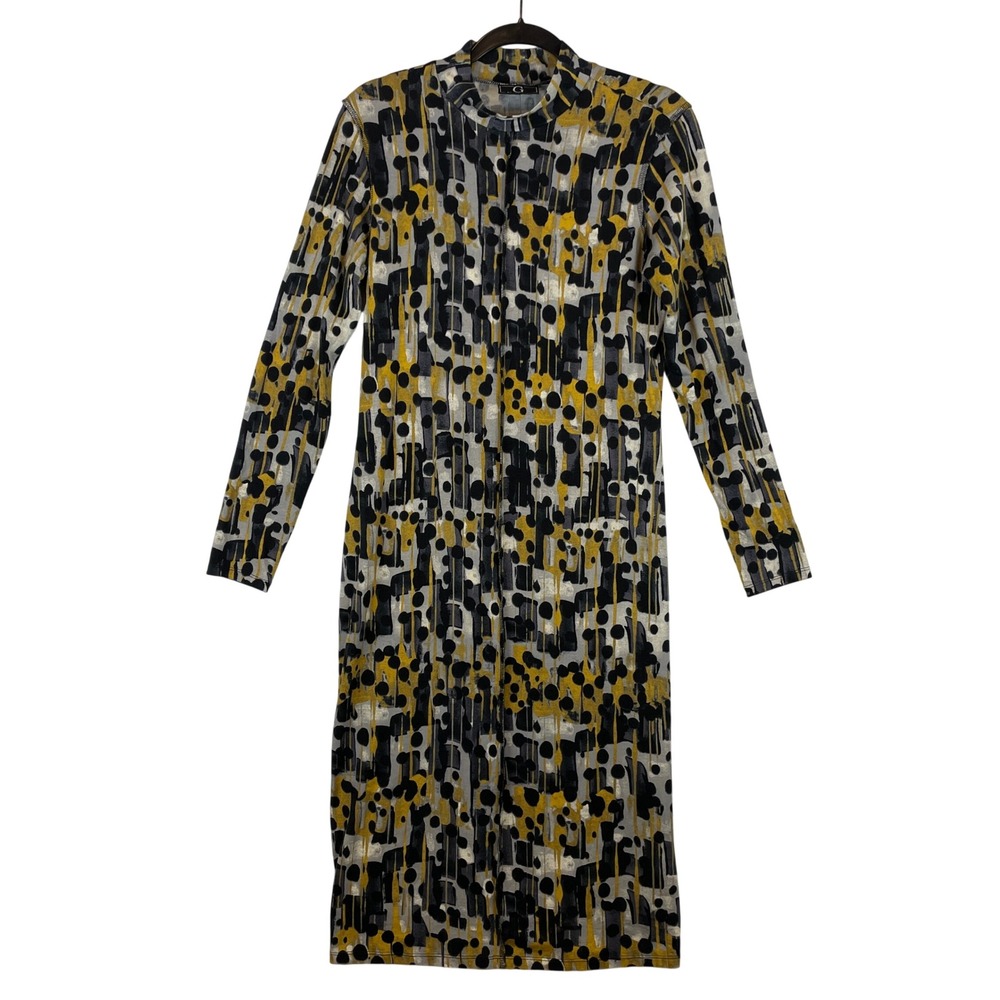 G by Giuliana Women Abstract Geometric Print Mock Neck Midi Dress Yellow Black M
